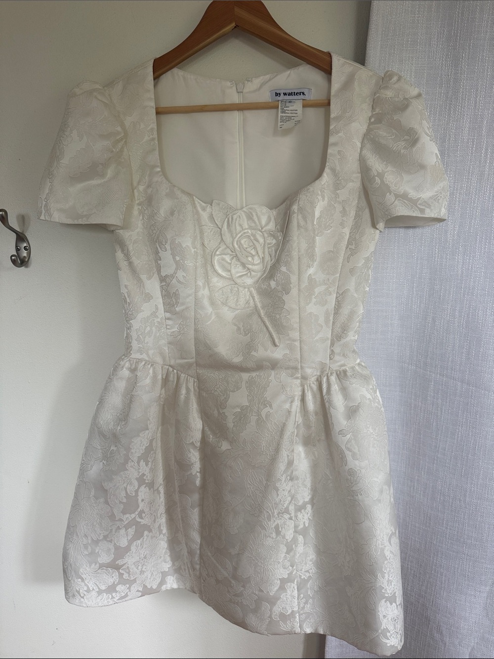 Watters Cream Floral Jacquard Mini Dress with Rose Appliqué